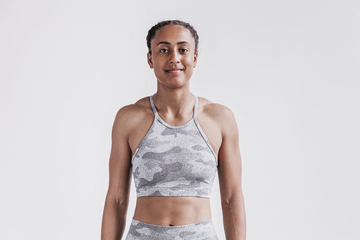 Nobull Halter Plush Heather Sport Bh Dames Wit Camo | 493562-ZFW