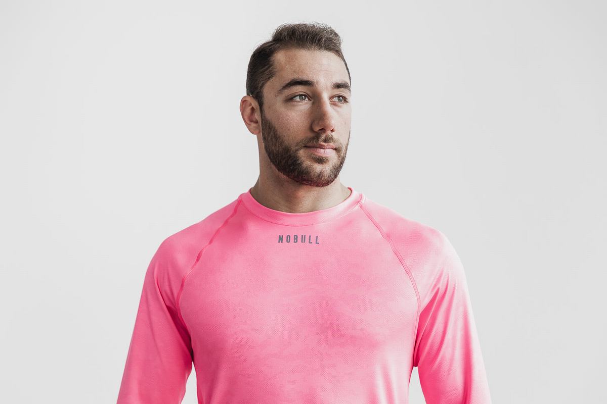 Nobull Lightweight Textured T-Shirt Lange Mouw Heren Roze Camo | 328469-DOJ